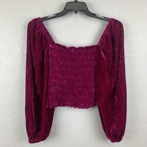 Anthropologie Velvet Blouse Womens Medium Pink Off Smocked Coquette Cropped